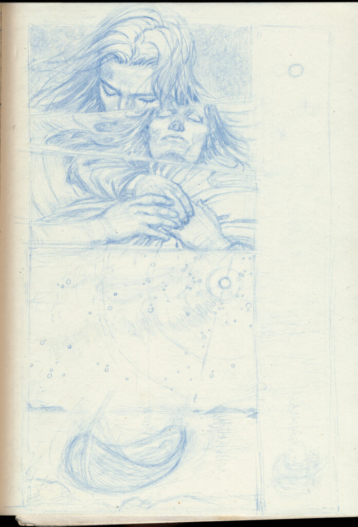 A work in progress image of a series of comic panels depicting a coastal sea burial. a living man touches the hand of the deceased before sending him off in a boat. The cosmos stretches above.