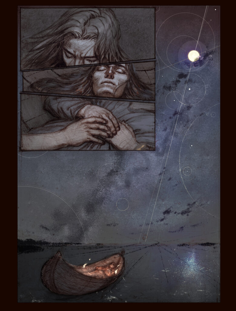 A work in progress image of a series of comic panels depicting a coastal sea burial. a living man touches the hand of the deceased before sending him off in a boat. The cosmos stretches above.